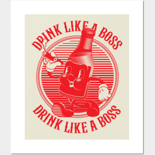 Vintage Walking Beer Bottle. "Drink Like a Boss!" (RED) Posters and Art